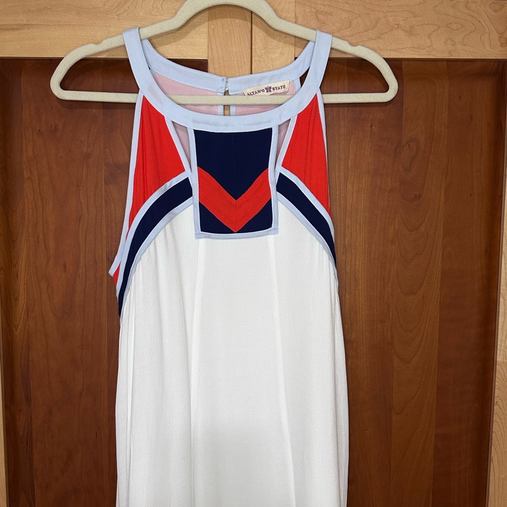 Altar’d State White Sleeveless Dress with red and blue color blocks.  Size Large